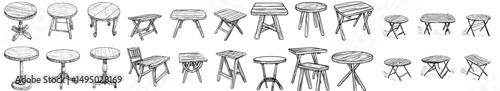 A collection of table furniture icons in a flat style, featuring a modern wooden table illustration on a isolated background, symbolizing a dinner desk and business concept