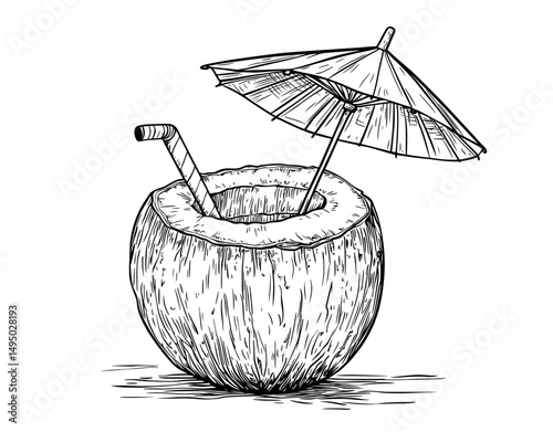 A cartoon coconut cocktail, replete with umbrella and straw, is showcased in isolation on a white background as a hand-drawn doodle
