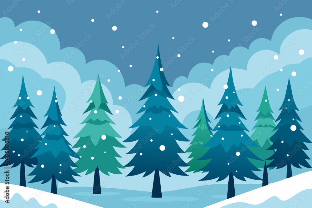 Snowy pine forest with falling snowflakes vector illustration Snowy pine forest with falling snowflakes vector illustration