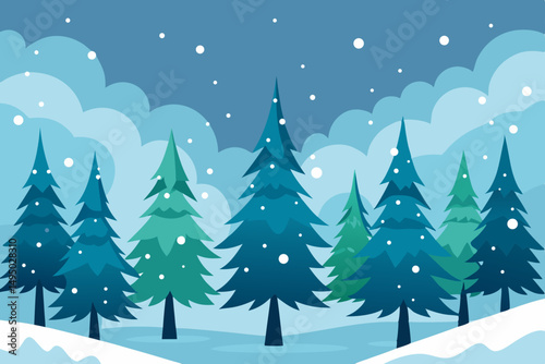 Snowy pine forest with falling snowflakes vector illustration