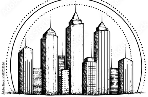 The design of an abstract geometric cityscape in black and white features elements of modernity
