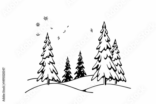 Snowy pine forest with falling snowflakes vector illustration