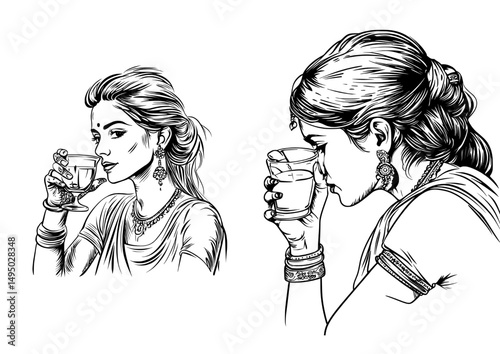 The outline of a chic woman can be seen as she enjoys a drink, complemented by sophisticated jewelry