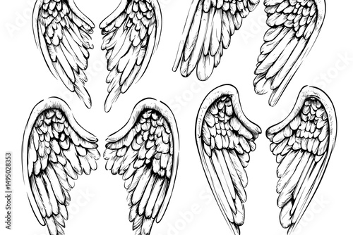 Doodle a sketch of angel wings, featuring a feathered wing and a silhouette, with linear depictions of flying angels ascending to heaven in a modern hand-drawn icon set