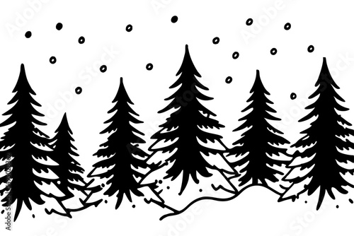Winter pine forest with soft falling snowflakes vector illustration