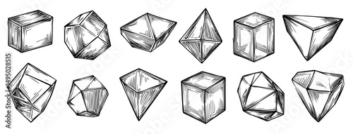Doodle outline 3d geometry shapes and three dimensional hand drawn sketch geometry shapes are present
