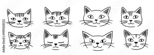 A set of hand-drawn icons featuring cute and funny cat faces with various emotions and moods, including happy and sad, in outline drawing style as line clipart symbols