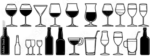 A set of black isolated silhouettes showcases different types of glasses used in a bar, including those for cocktails, wine, beer, and shots, accompanied by bottles, to illustrate a wide range of