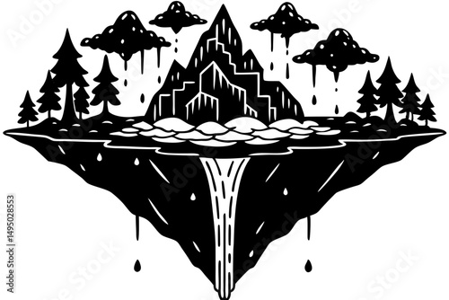 floating island with waterfalls cascading into turquoise pool vector illustration