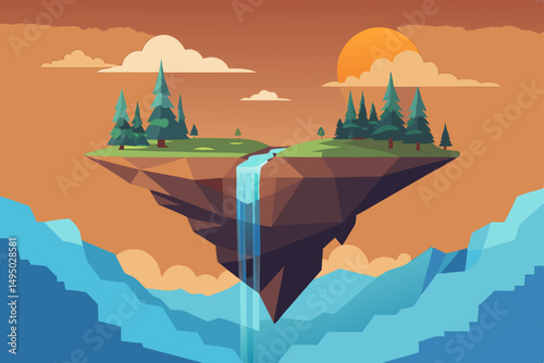 Floating island with waterfalls cascading into the abyss vector illustration
