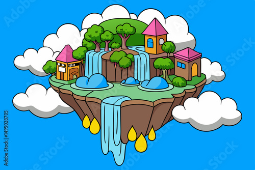 Floating island with cascading waterfalls and lush greenery vector illustration
