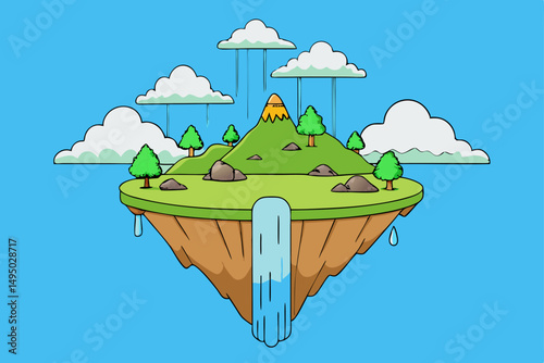 Floating island with cascading waterfalls and greenery vector illustration