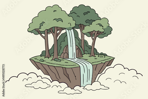 Fantasy floating island with waterfalls and cliffs vector illustration
