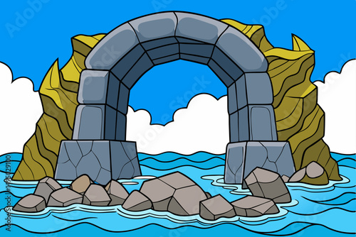 Mysterious stone arch standing over a crashing sea vector illustration