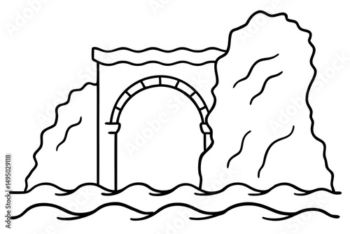 mysterious stone arch over crashing sea vector illustration