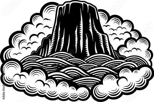 Dramatic rock formation surrounded by mist and clouds vector illustration