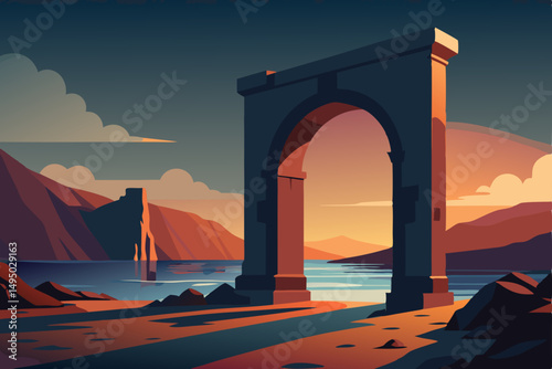 Mysterious stone arch standing over a crashing sea vector illustration