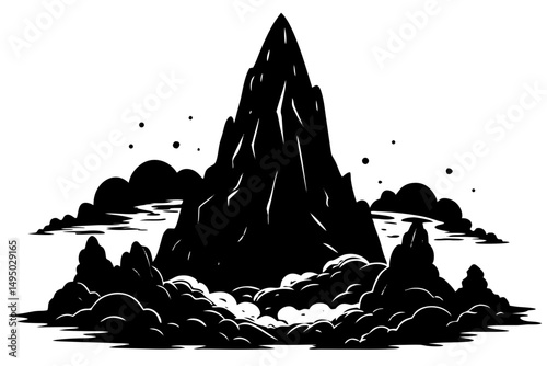 dramatic rock formation surrounded by mist vector illustration