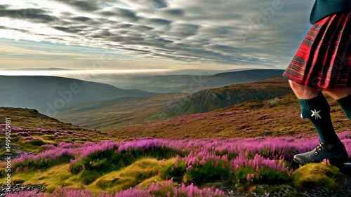 A woman in a kilt leaping over vibrant purple wildflowers on a hillside with majestic mountain ranges under a cloudy sky, expressing freedom and joy.