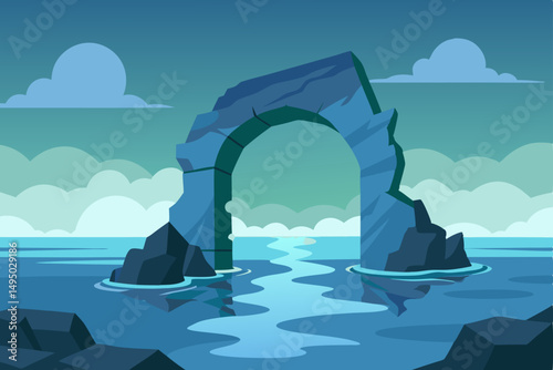 mysterious stone arch standing over crashing sea vector illustration