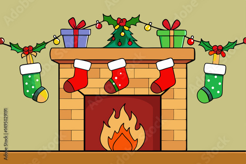 Christmas Fireplace Scene with Stockings and Garland Vector Illustration