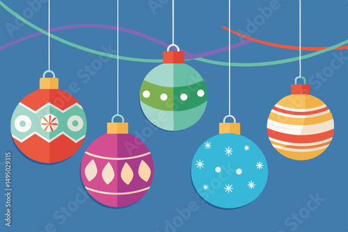 colorful vector christmas ornaments hanging on strings vector illustration