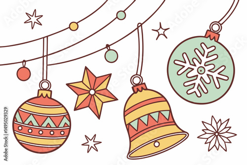colorful vector christmas ornaments hanging on strings vector illustration