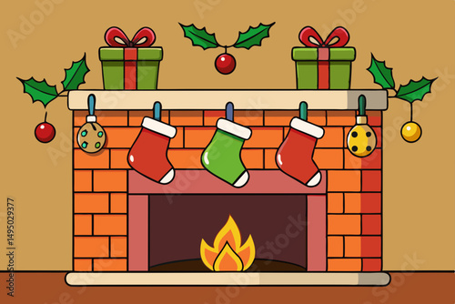 Christmas fireplace scene with stockings and garland vector illustration
