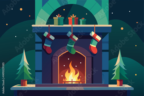 Christmas fireplace scene with stockings and garland vector illustration