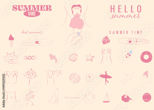summer girly vacation illustration set in sketch style. Hand drawn girl, ice cream, serf, bikini, seashell, serfing, boat, sun, sea, beach, ocean, fish collection for card, prints, social, invitation.