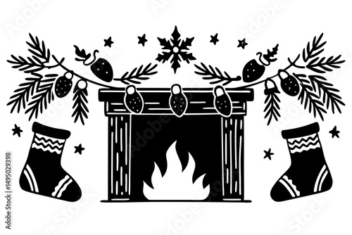 christmas fireplace scene with stockings and garland vector illustration