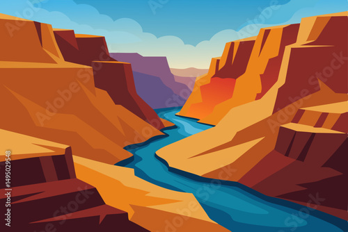 canyon with winding river carving through rocky terrain vector illustration