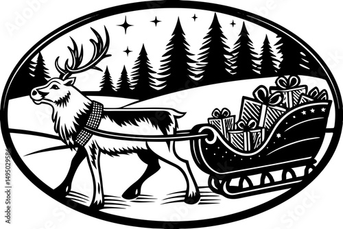 Vector reindeer pulling a sleigh through the snow vector illustration