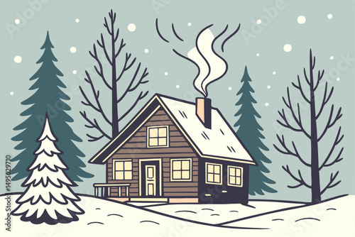 cozy winter cabin in woods with smoke and snow vector illustration