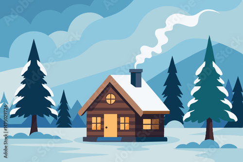 cozy winter cabin in woods with smoke and snow vector illustration