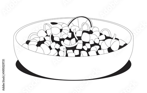Shrimp vegetable salad in serving bowl 2D line object. Seafood veggies lemon slice. Healthy lunch. Protein meal. Sebiche seviche isolated clipart vector ink outline item. Monochrome spot illustration