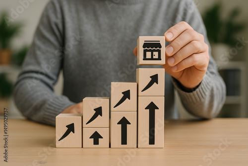 Franchise business growth and expansion concept. Hand stacking wooden blocks with store and arrow icons, franchise business growth, expansion, success entrepreneurship, market development, online shop