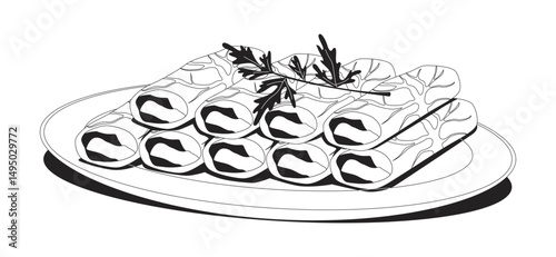 Stuffed grape leaves served on plate 2D line object. Cabbage rolls. Dolma dish. Rolled appetizers. Leaf wraps. Cultural cuisine isolated clipart vector ink outline item. Monochrome spot illustration