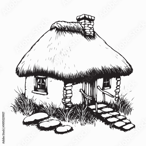 Cozy Thatched Roof House Image vector isolated on white background.