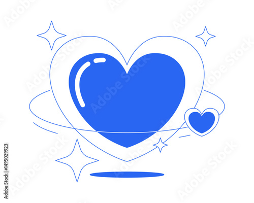 Y2K love planet line onboarding ui illustration. Floating heart with orbiting sparkling stars. 2000s futuristic dreamy retro romance outline 2D concept isolated. Ink linear metaphor vector art