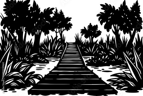 Flooded jungle with wooden walkways and lush trees vector illustration