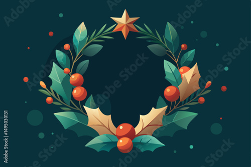 Minimalist Christmas wreath with holly berries vector illustration