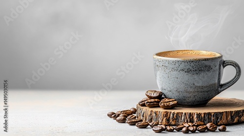 A steaming cup of coffee on a wooden coaster with coffee beans