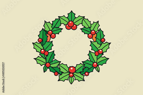 minimalist christmas wreath with holly berries vector illustration