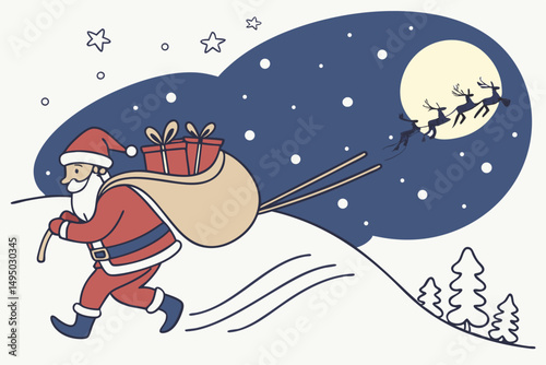 santa claus flying across snowy night sky vector illustration