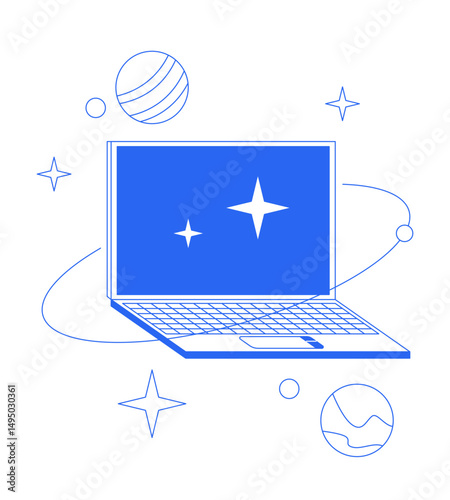 Laptop with orbiting planets sparkles line onboarding ui illustration. Cosmic internet. Cyber space notebook. Universe technology outline blue 2D concept isolated. Monochrome metaphor vector art