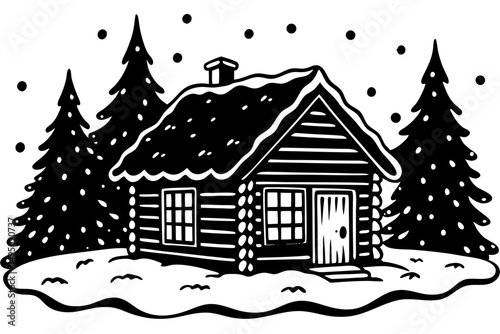 cozy wooden cabin surrounded by thick blanket of snow vector illustration