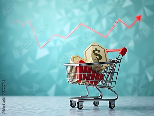 growth of market basket, sales trends, the consumer price index concept, corporate earnings and deficits, or the notion of slight deflation and inflation set against a polygon wireframe background.