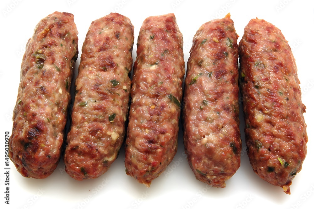 Five grilled cevapcici on a white surface Five grilled cevapcici on a white surface