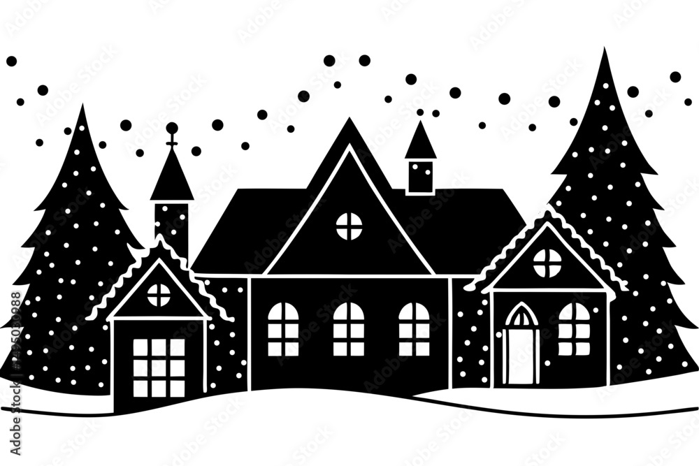 Fototapeta premium flat christmas village with snow and lights vector illustration